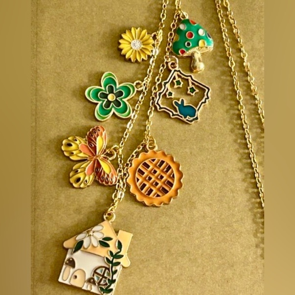 NWOT Necklace “Cottage Garden” enamel charms mushroom, flowers, butterfly… 23”